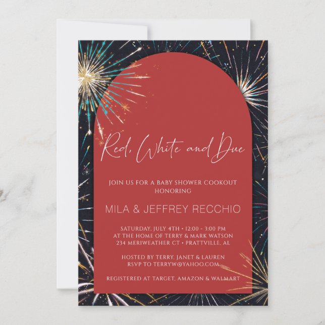 Invitación Fuegos artificiales Red, White y Due Baby Shower (Anverso)