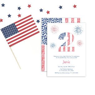Invitación Fuegos artificiales Rojo Blanco Y Fiesta de Cumple