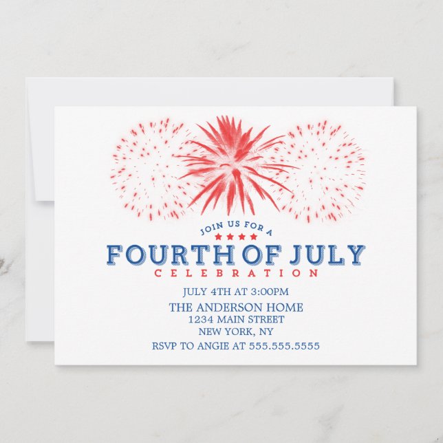 Invitación Fuegos artificiales rojos blancos y azules vintage (Anverso)