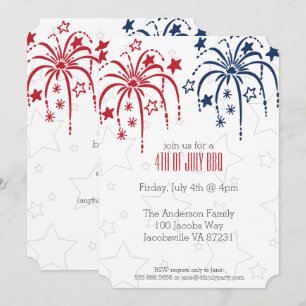 Invitación Fuegos artificiales rojos blancos y azules y estre