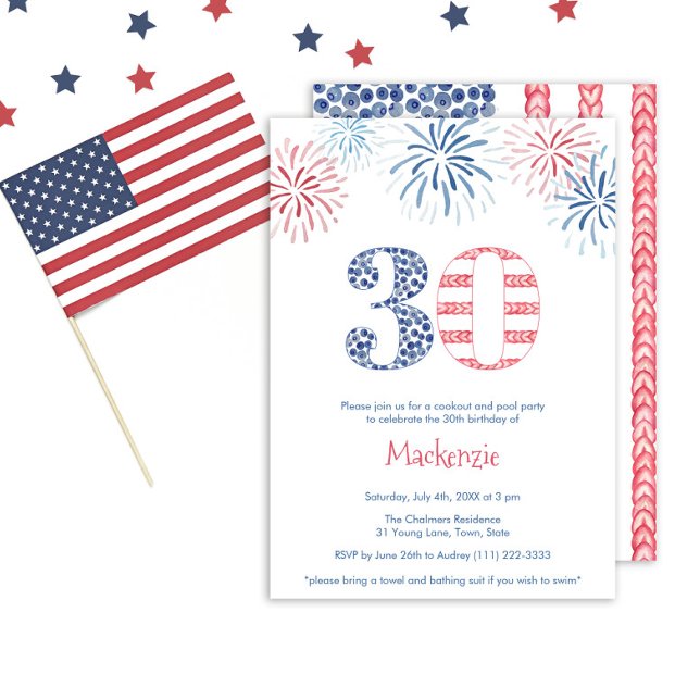 Invitación Fuegos artificiales rojos de color azul BBQ 30 Fie (A 30th birthday party invitation design with the American flag taking center stage)