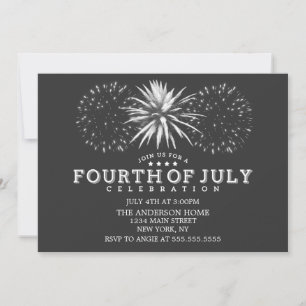 Invitación Fuegos Artificiales Vintage Gris Carbón Fiesta 4 d
