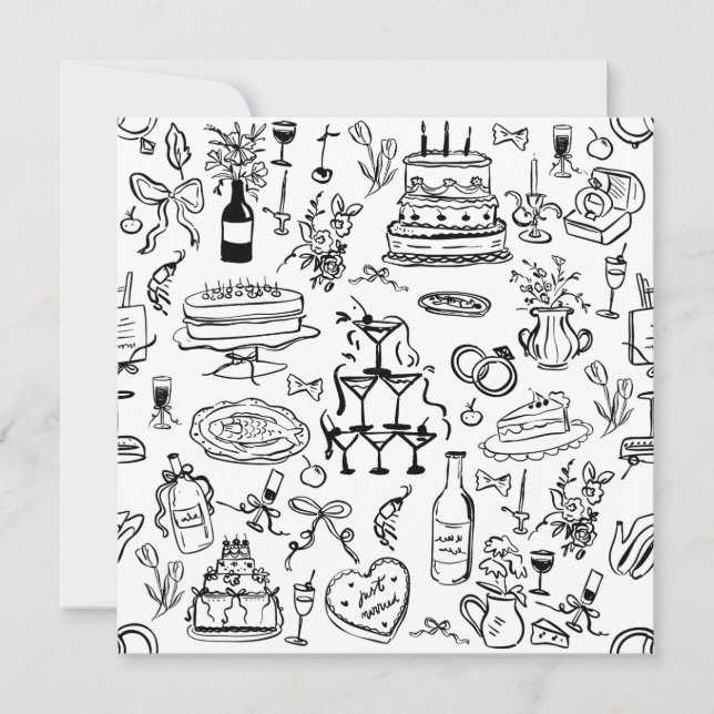 Invitación fuente de champán de boda dibujada a mano (Anverso)