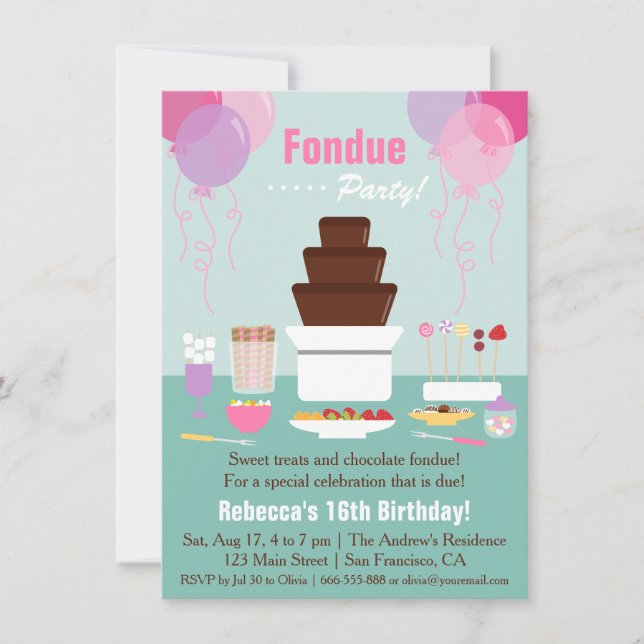 Invitación Fuente de Fondue de Chocolate Cumpleaños de Niñas (Anverso)