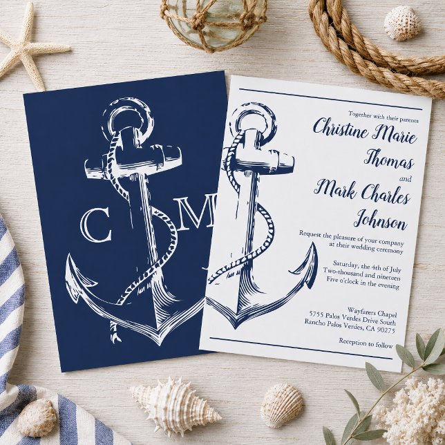 Invitación Fuente de letra de ancla de boceto náutico de la M (Tie the knot with this navy nautical sketch anchor wedding invitation. )