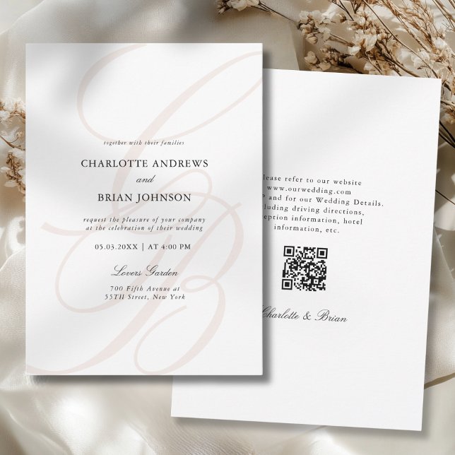 Invitación Fuente de letra minúscula Monograma Código QR Boda (Minimalist Script Font Monogram QR Code Wedding Invitation)