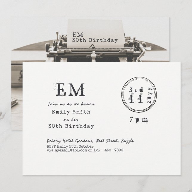 Invitación Fuente de máquina de escribir Cumpleaños (CUALQUIE (Anverso / Reverso)