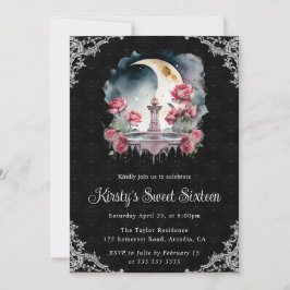 Invitación Fuente floral nocturna de acuarela Sweet Sixteen
