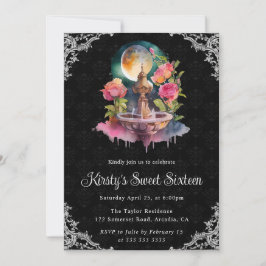 Invitación Fuente floral nocturna de acuarela Sweet Sixteen