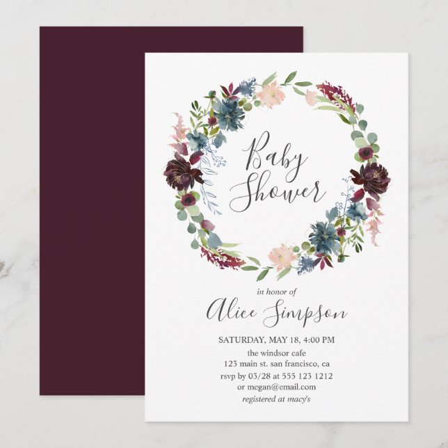 Invitación Fuente manuscrita Baby Shower Borgoña y Azul (Anverso / Reverso)