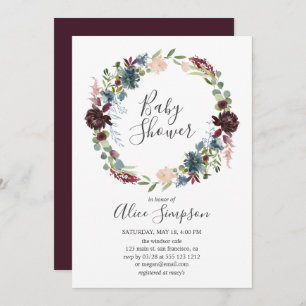 Invitación Fuente manuscrita Baby Shower Borgoña y Azul