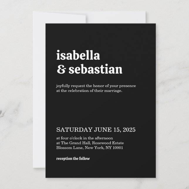Invitación Fuente Negra Retro Moderna Simple para Boda (Anverso)