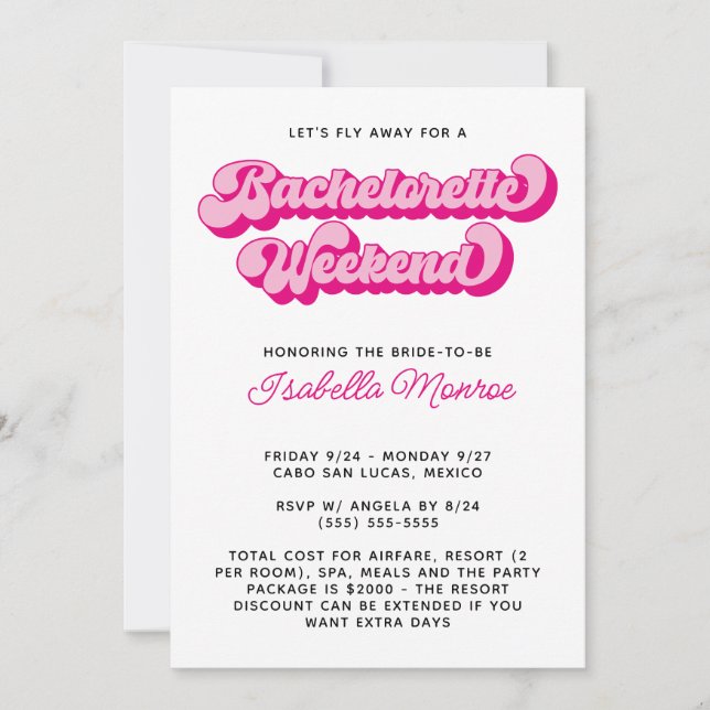 Invitación Fuente Retro Rosa Caliente Fin de Semana de Desped (Anverso)