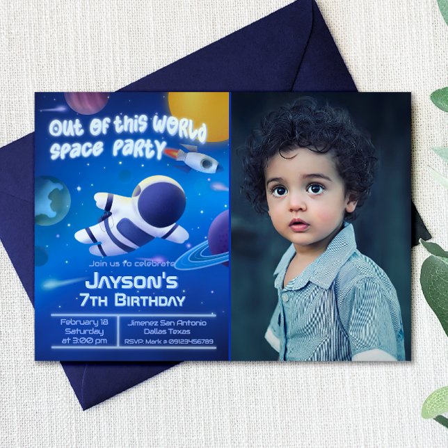 Invitación Fuera de este Fiesta espacial mundial con foto (Out of this World Space Party with Photo Invitation)