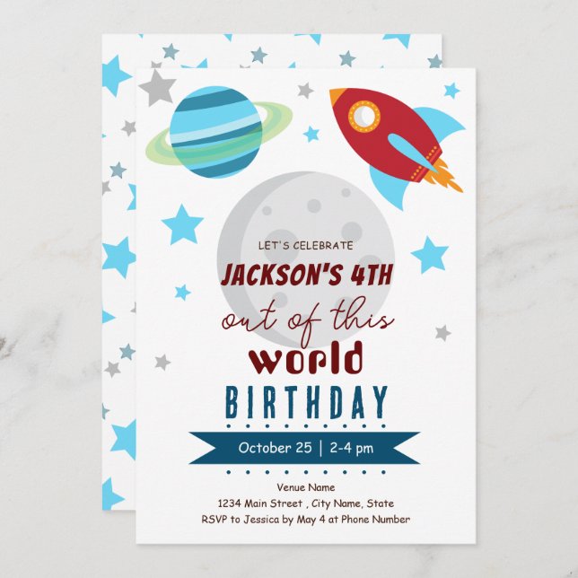 Invitación Fuera de este mundo, cuarto cumpleaños (Anverso / Reverso)
