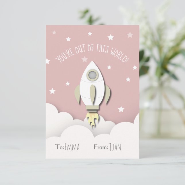 Invitación Fuera de este mundo Rocket Espacial Rosa Valentine (Anverso de pie)