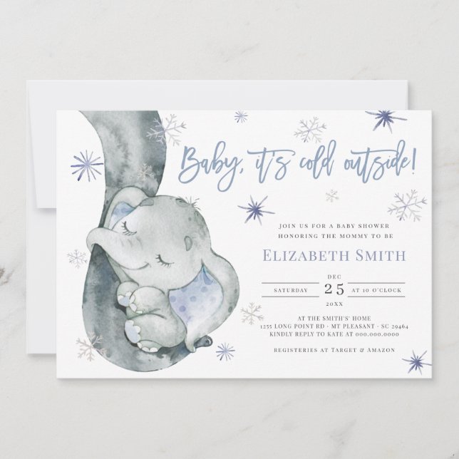 Invitación Fuera del Elephant Winter Boy Baby Shower hace frí (Anverso)