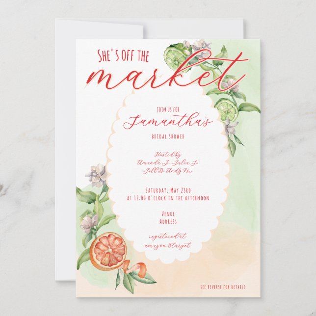 Invitación Fuera del mercado Boho Citrus Lemon Bridal Ducha (Anverso)