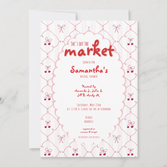 Invitación Fuera del mercado Coquette Bow Cherry Bridal Showe (Anverso)