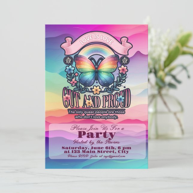 Invitación Fuera y orgulloso Fiesta del Orgullo Gay (Anverso de pie)