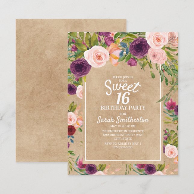 Invitación Fuerza Rústica Boho Ciruela Rubor Floral Dulces 16 (Anverso / Reverso)