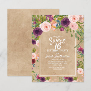 Invitación Fuerza Rústica Boho Ciruela Rubor Floral Dulces 16