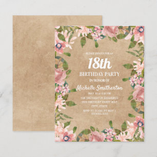 Invitación Fuerza Rústica Cumpleaños 18 Floral Acuarela Rosa
