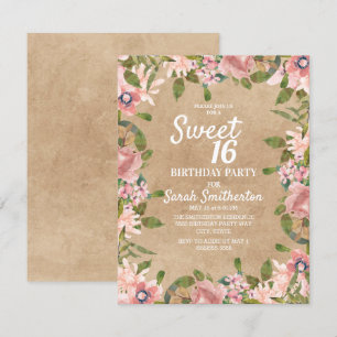 Invitación Fuerza Rústica Rosa Floral Acuarela Dulce 16
