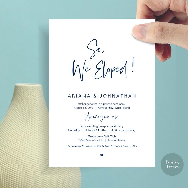 Invitación Fuimos Elopcionados, Azul Marina, Elopement Boda (So, We Eloped, Modern Wedding Elopement Dinner Invitation Card, PDF, in Navy Blue)