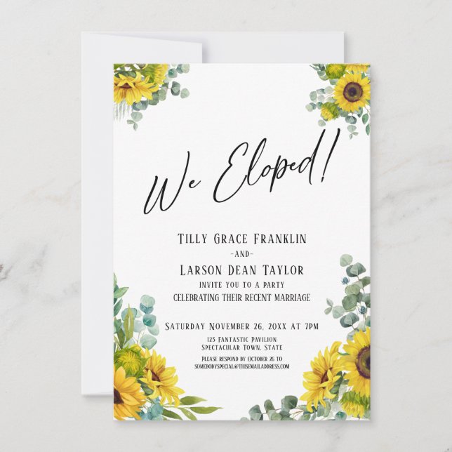 Invitación ¡Fuimos Elopos! Recepción de girasol Eucalyptus (Anverso)
