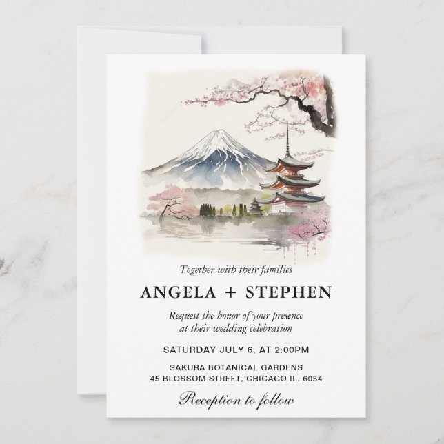 Invitación Fuji japonés acuarela y Boda escénico de la pagoda (Anverso)