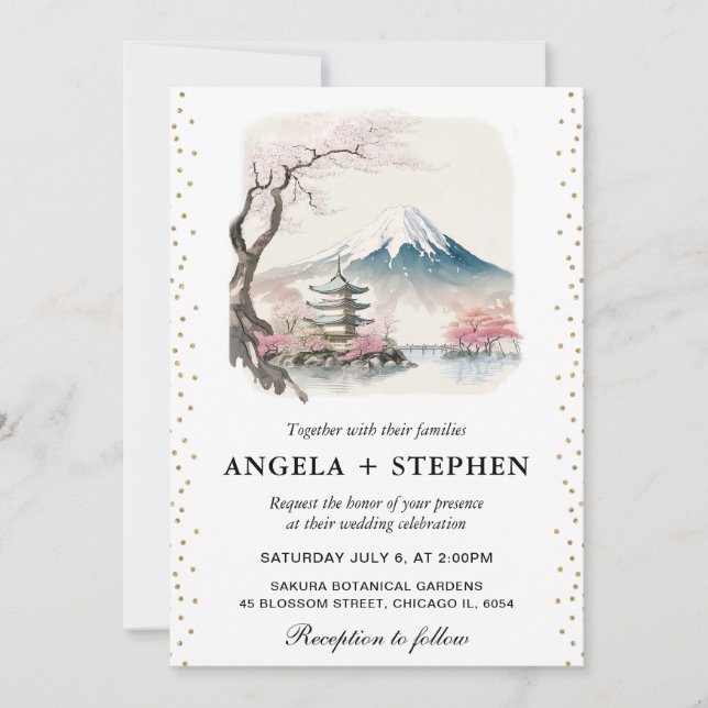 Invitación Fuji japonés acuarela y Boda escénico de la pagoda (Anverso)