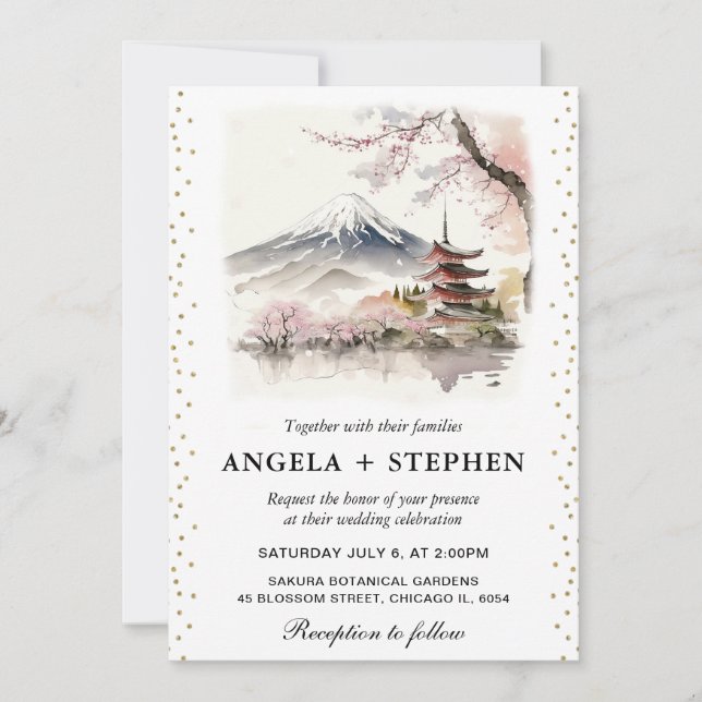 Invitación Fuji japonés acuarela y Boda escénico de la pagoda (Anverso)