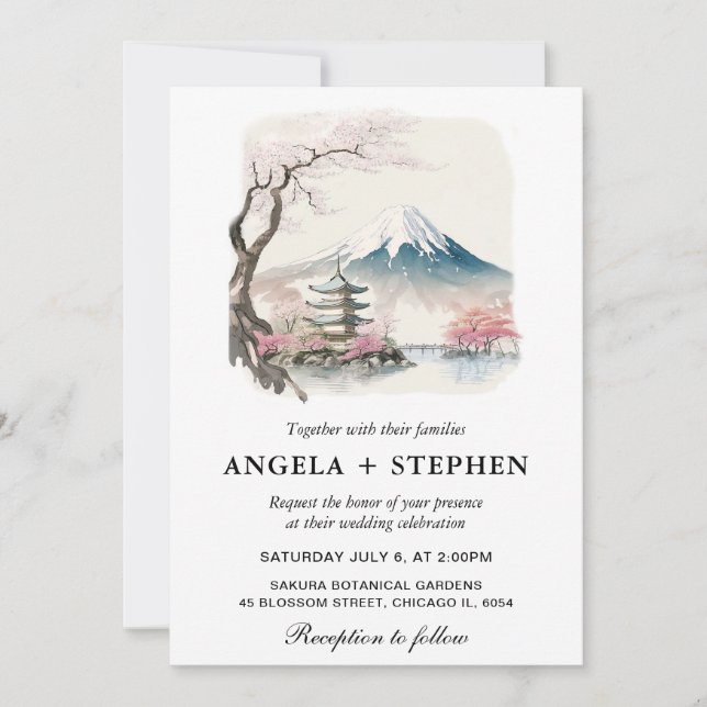 Invitación Fuji japonés acuarela y Boda escénico de la pagoda (Anverso)