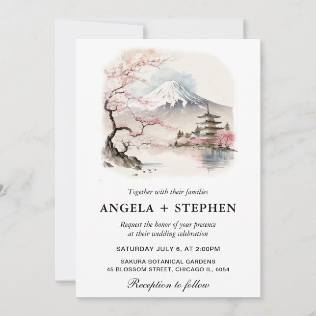 Invitación Fuji japonés acuarela y Boda escénico de la pagoda (Anverso)