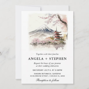 Invitación Fuji japonés acuarela y Boda escénico de la pagoda