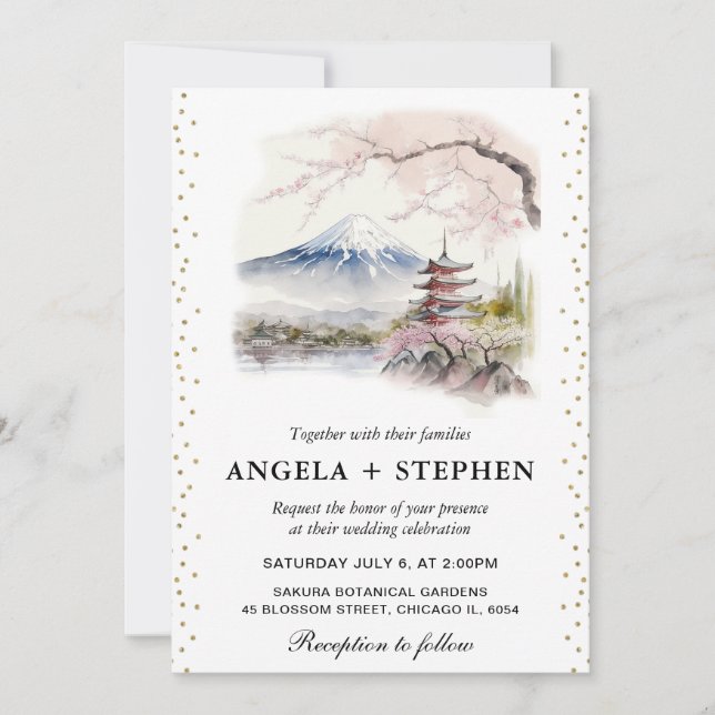 Invitación Fuji japonés acuarela y Boda escénico de la pagoda (Anverso)