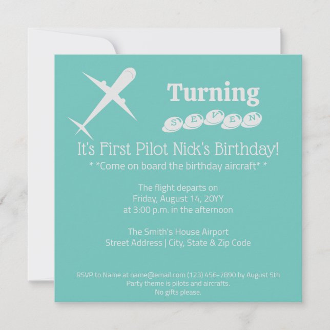 Invitación Fun Airplane Pilot Kids Birday Color Verde azulado (Anverso)