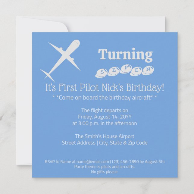 Invitación Fun Airplane Pilot Kids Blue Birday Party (Anverso)