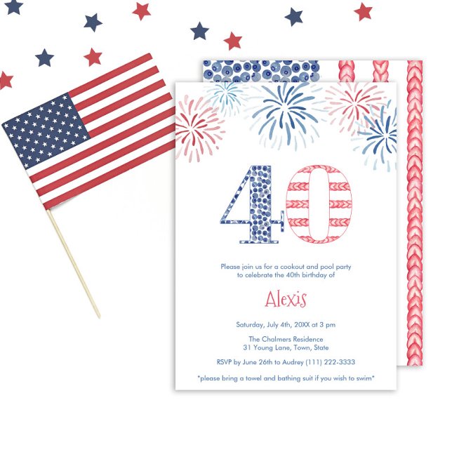 Invitación Fun azul blanco rojo patriótico 40 Fiesta de cumpl (A fun red white and blue 40th birthday party invitation with the number 40 in the stars and stripes)