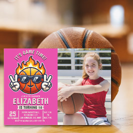 Invitación Fun Basketball Birthday Girl with photo