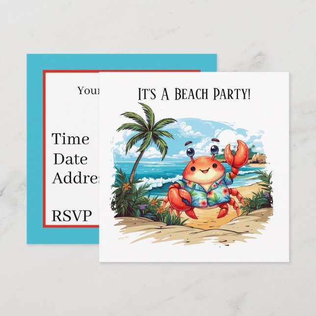 Invitación Fun beach crab party  (Anverso / Reverso)