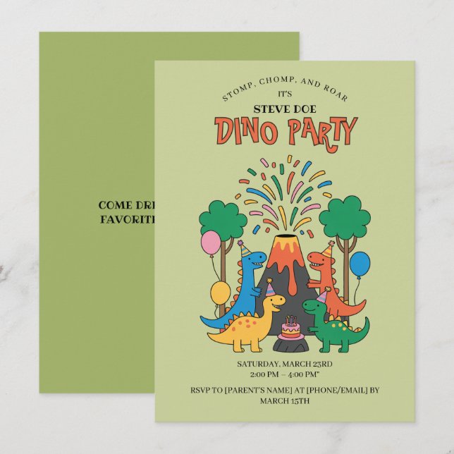 Invitación Fun Birthday Dino Party Dinosaur Invitation (Anverso / Reverso)