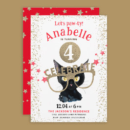 Invitación Fun Black Cat Gold Purpurina Red Stars Watercolor