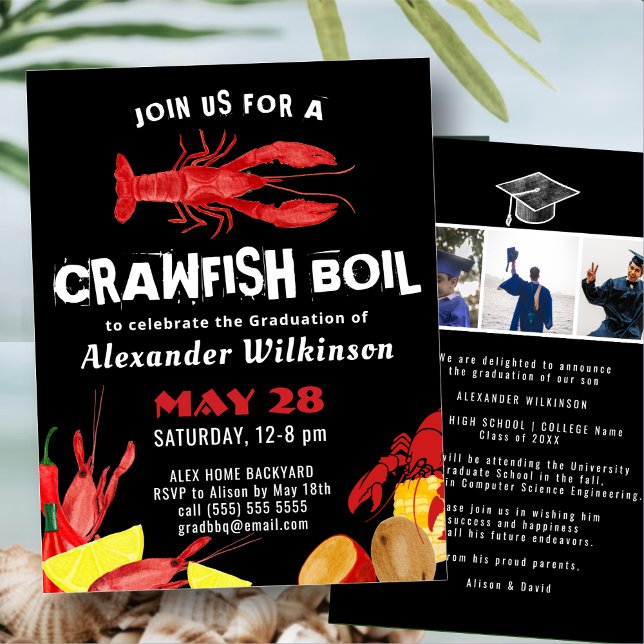 Invitación Fun Black Crawfish Hervir 3 Photo Graduation Party (Subido por el creador)