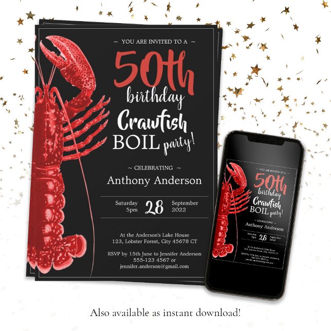 Invitación Fun Black Red 50 Birthday Crawfish Hervir (Fun 50th Birthday Party Crawfish Boil Black Red Invitation)