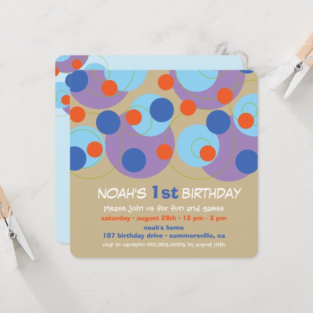 Invitación Fun Blue Bubbly Dots Photo Boy Primer Fiesta de cu (Anverso/Reverso In Situ)