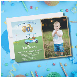 Invitación Fun Blue Golf Cart Foto Primer cumpleaños