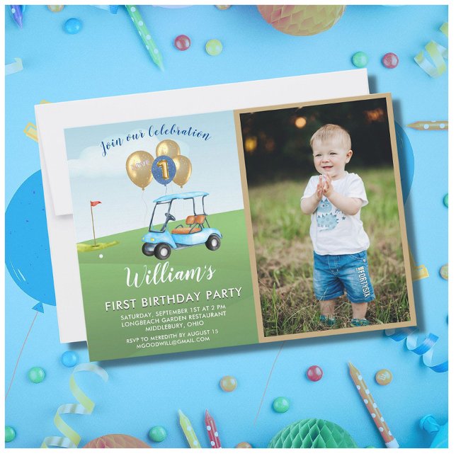Invitación Fun Blue Golf Cart Foto Primer cumpleaños (Subido por el creador)