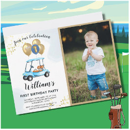 Invitación Fun Blue Golf Cart Foto Primer cumpleaños